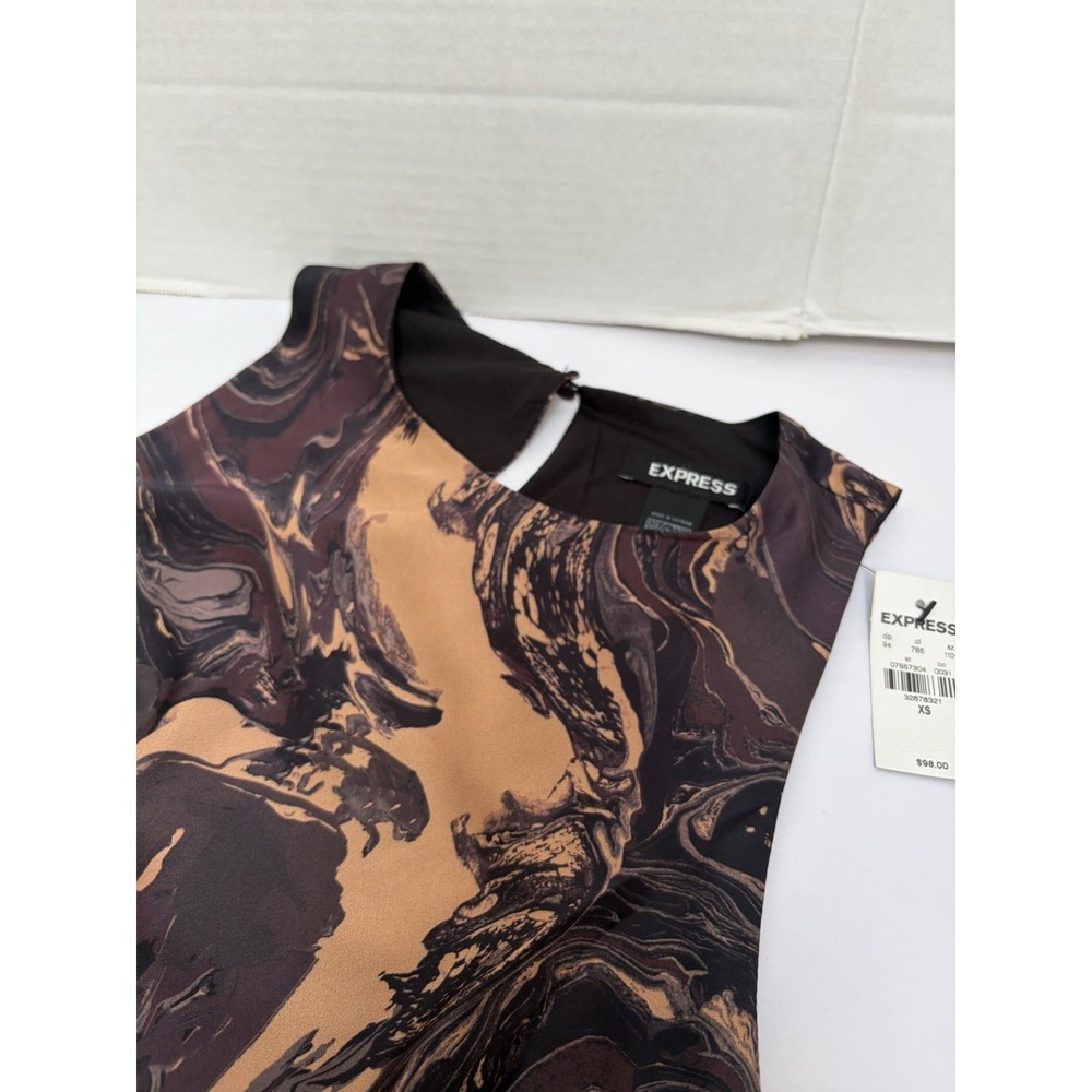 NWT Express Marble Print Swirled Satin Midi Dress Browns Size XS Lined Polyester